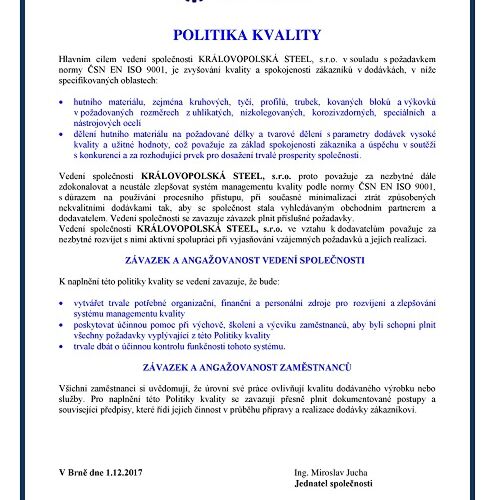 Politika kvality | Certifikace a jakost